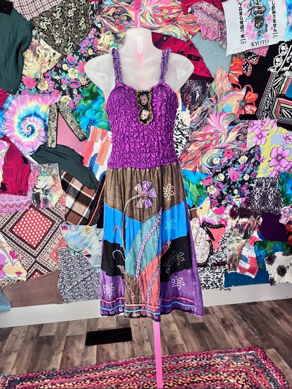 Y2K Grunge Boho Hippie Smocked Purple Multicolor Patchwork